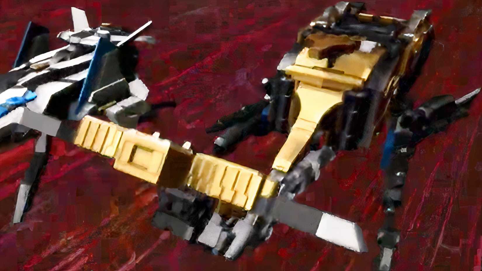 The Yellow Mantis Wrecker Zord entering the scene with the Jet Zord against a radical red background