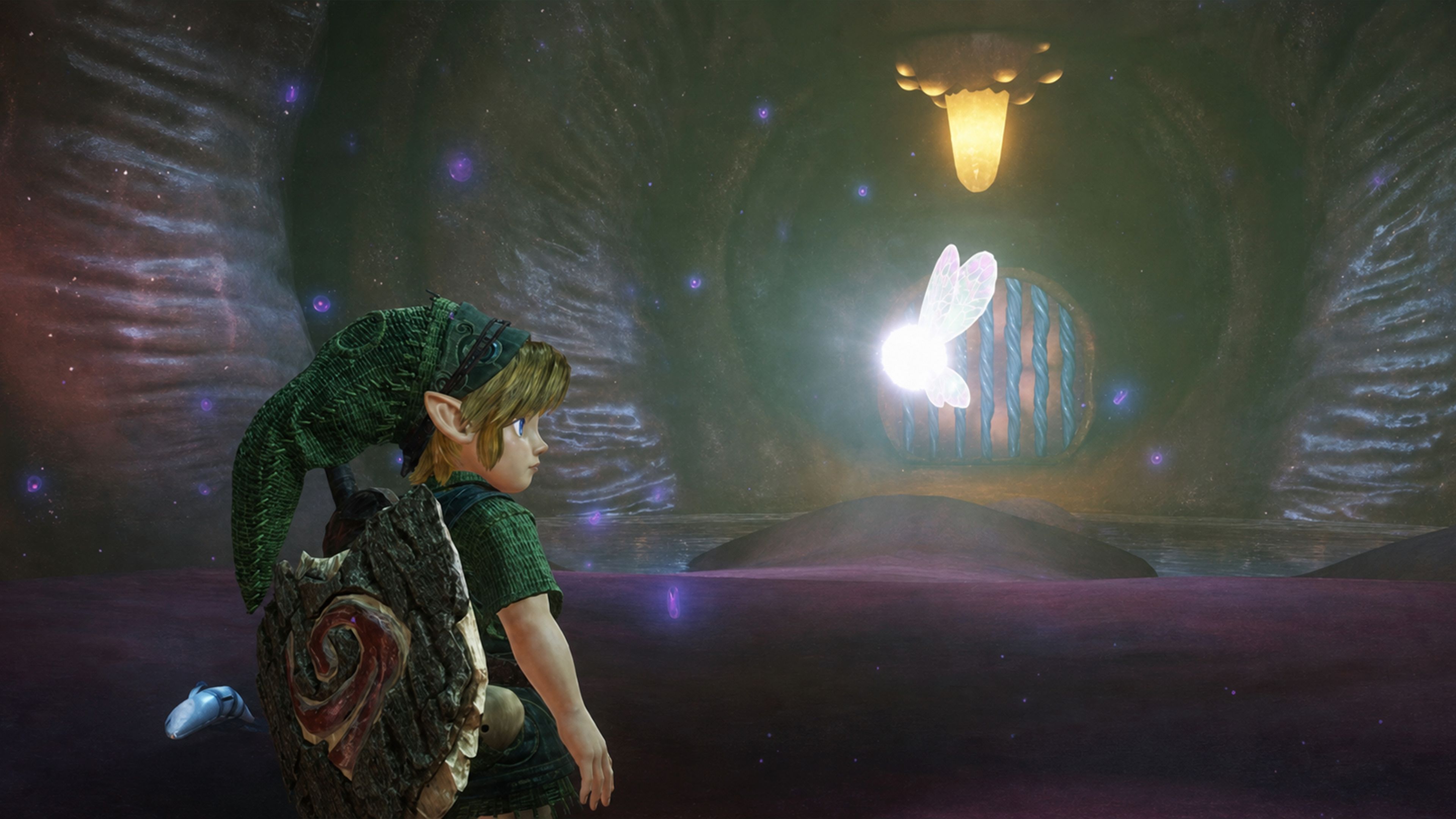 Young Link and Navi entering Jabu Jabu's Belly in the Zelda Ocarina of Time remake on Switch 2