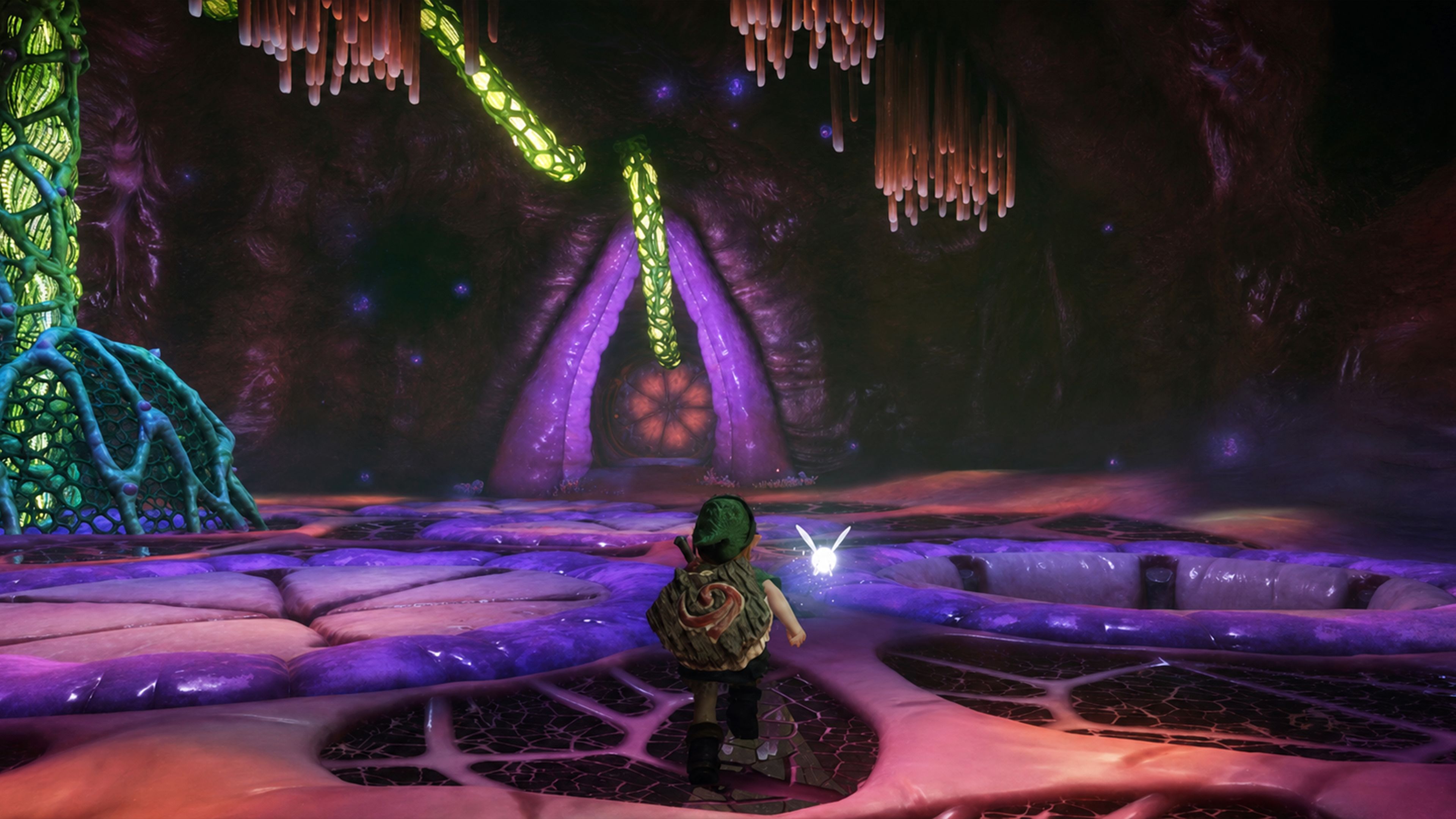 Young Link exploring Jabu Jabu's Belly in the Zelda Ocarina of Time remake on Switch 2