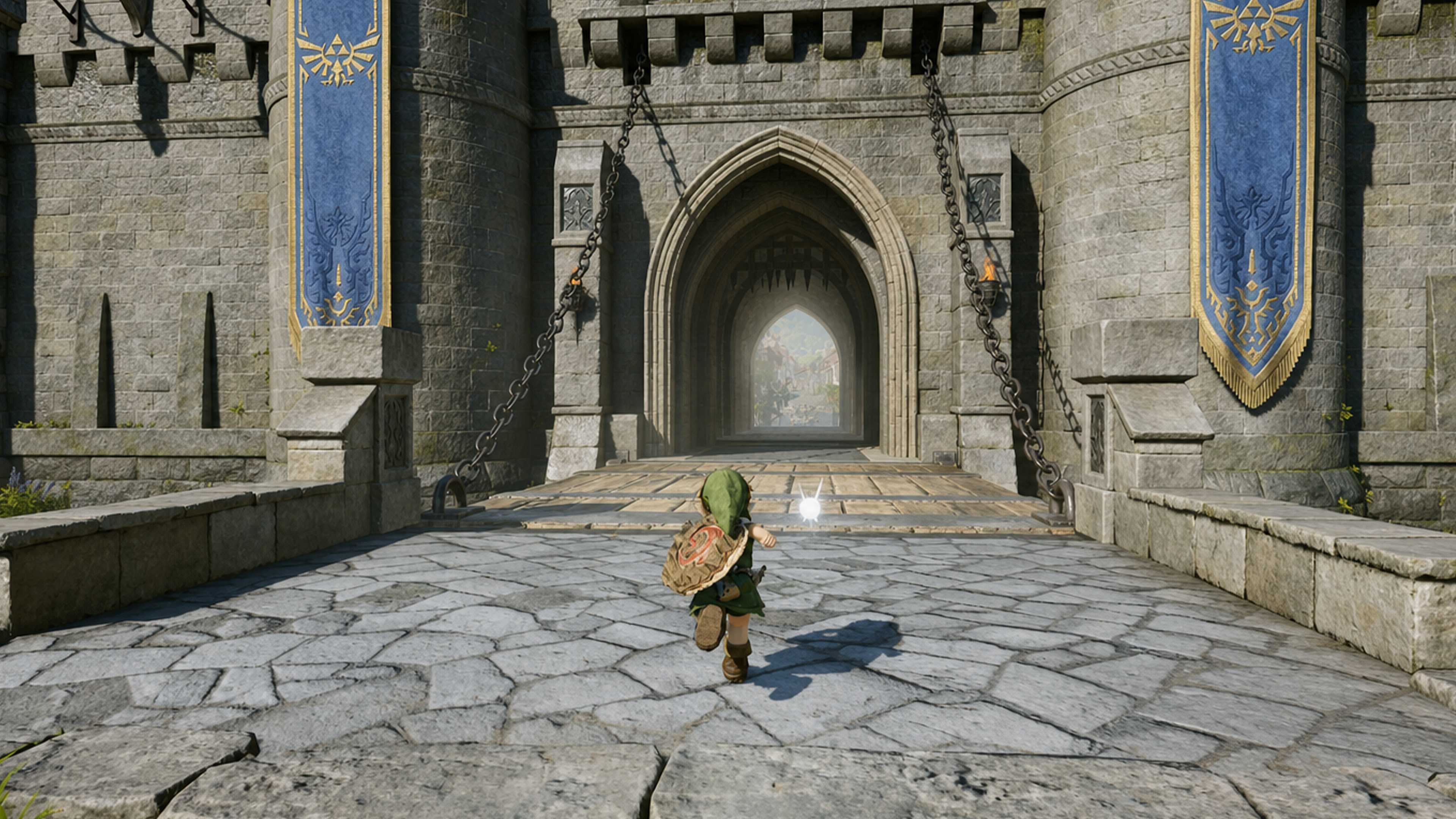 Young Link runs across the wooden drawbridge toward the stone entrance to Hyrule Castle Town in the Zelda Ocarina of Time remake