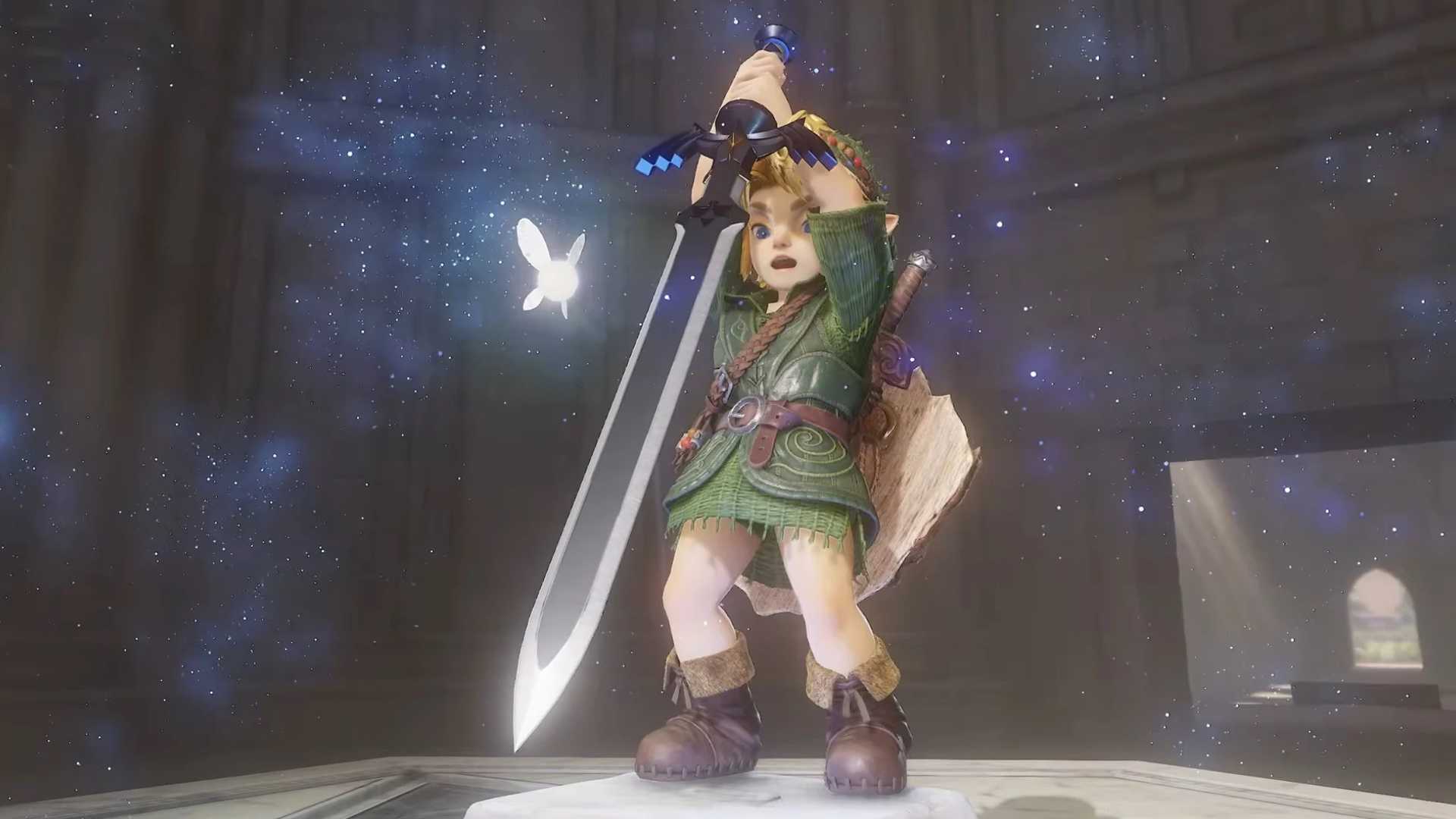 Young Link lifting the Master Sword in the Ocarina of Time remake