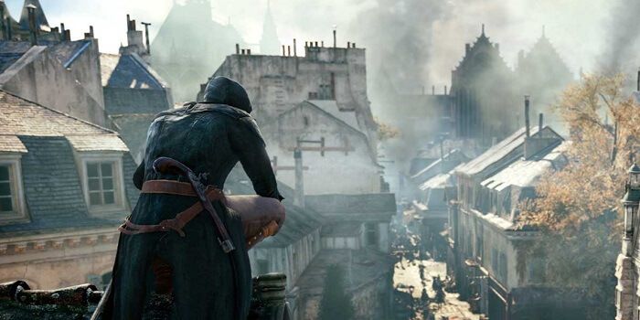 AC Unity - Arno looking down on city