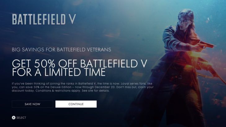 Battlefield V 50% discount offer screenshot