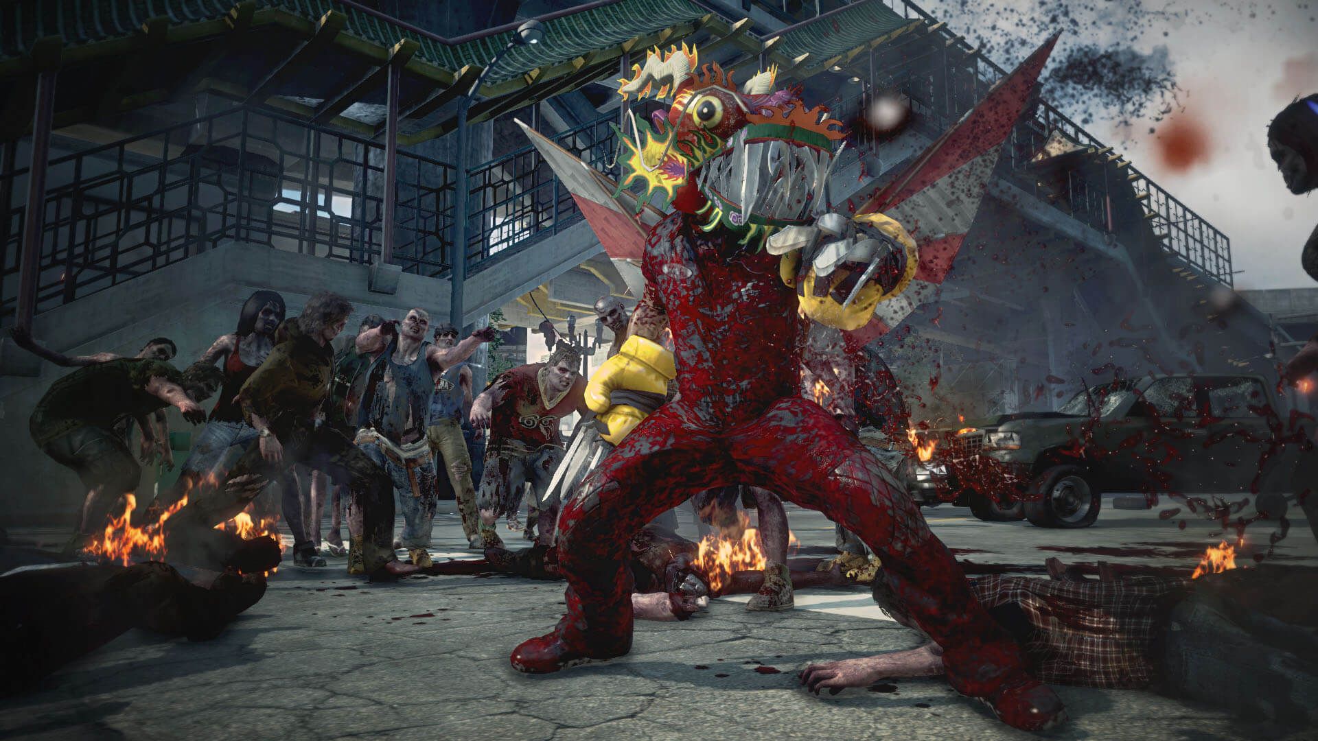 Dead Rising 3 a screenshot of a player in the mecha dragon outfit in front of zombies