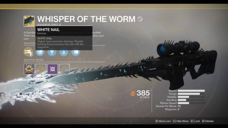 destiny 2 black spindle whisper of the worm exotic sniper rifle white nail perk