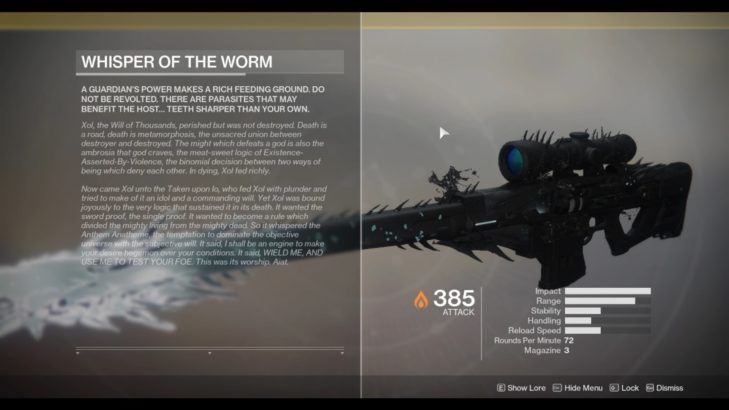 destiny 2 black spindle whisper of the worm exotic sniper rifle lore tab