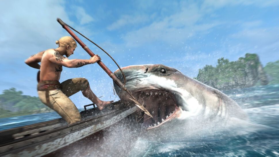 Edward Kenway stabs a shark in the face in 'Assassin's Creed IV: Black Flag'