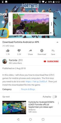Fake Fortnite Android ad YouTube screenshot 2