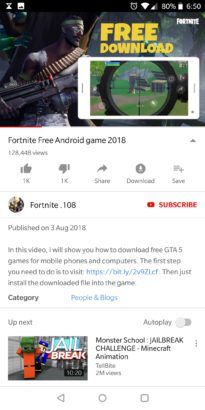 Fake Fortnite Android ad YouTube screenshot 3