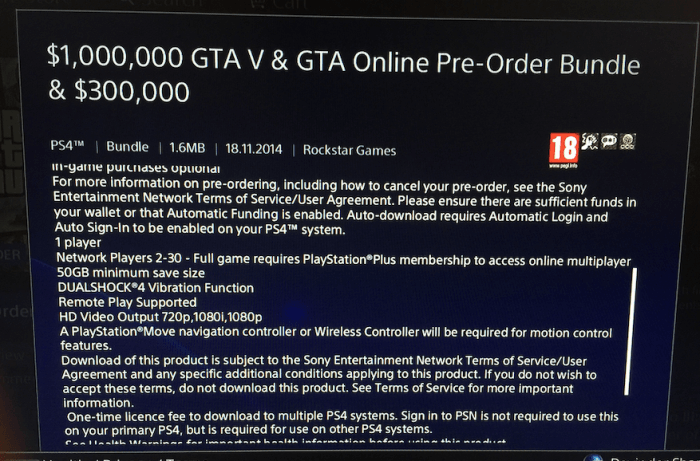GTAV on PS4 PSN Listing