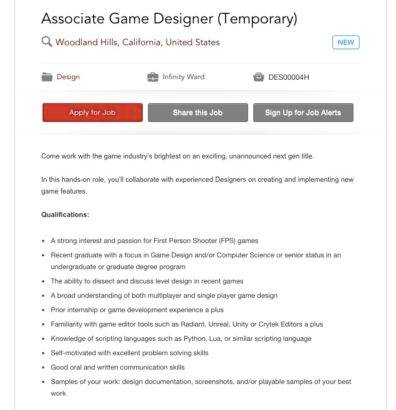 Infinity Ward game designer listing