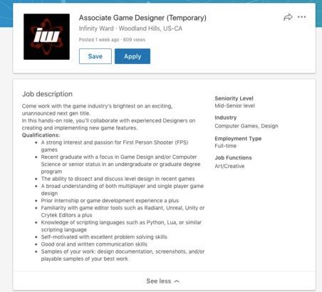 Infinity Ward job listing new consoles screenshot