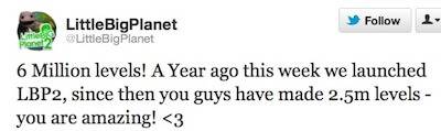 LittleBigPlanet 2 Twitter Message 6 Million Levels