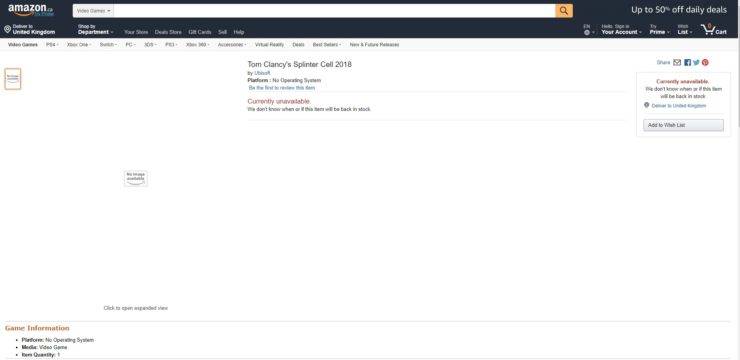 New Splinter Cell game listing Amazon Canada