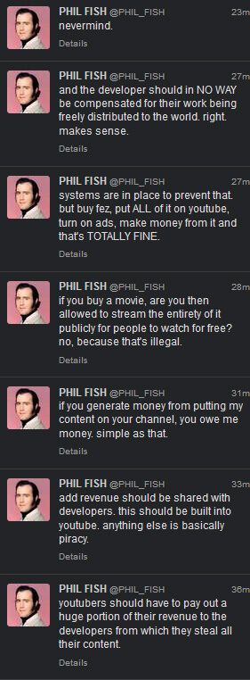 Phil Fish YouTube Monetization Tweets