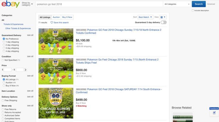 Pokemon GO Fest 2018 tickets eBay listings