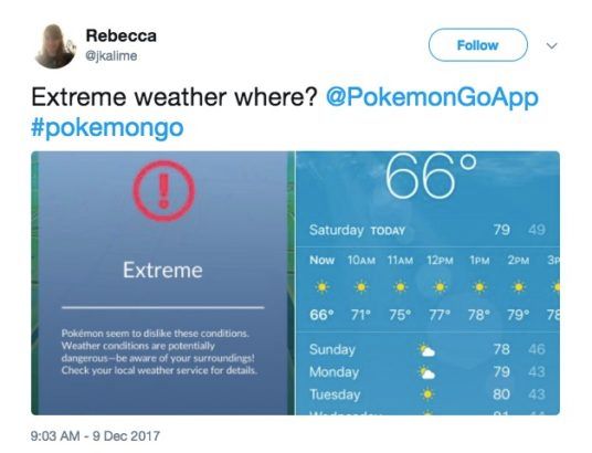 Pokemon GO extreme weather tweet