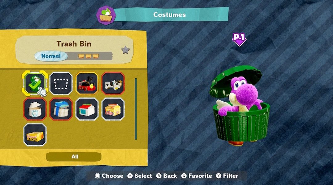 Yoshi's Crafted World how to unlock trash bin costume
