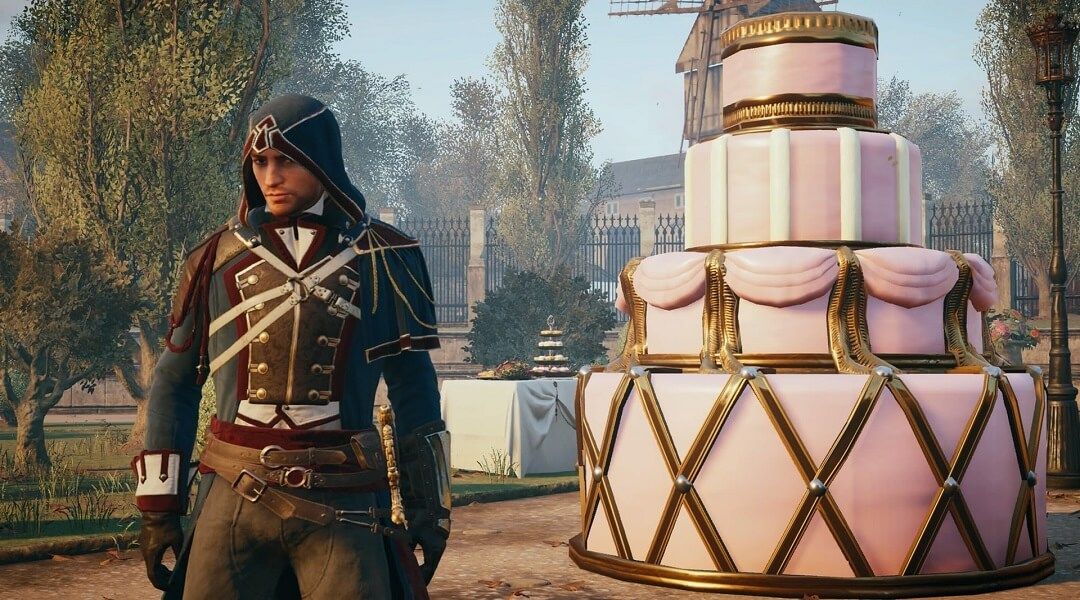 That Assassin's Creed Unity Cake Easter Egg Has Finally Been Found - Arno with giant pink cake