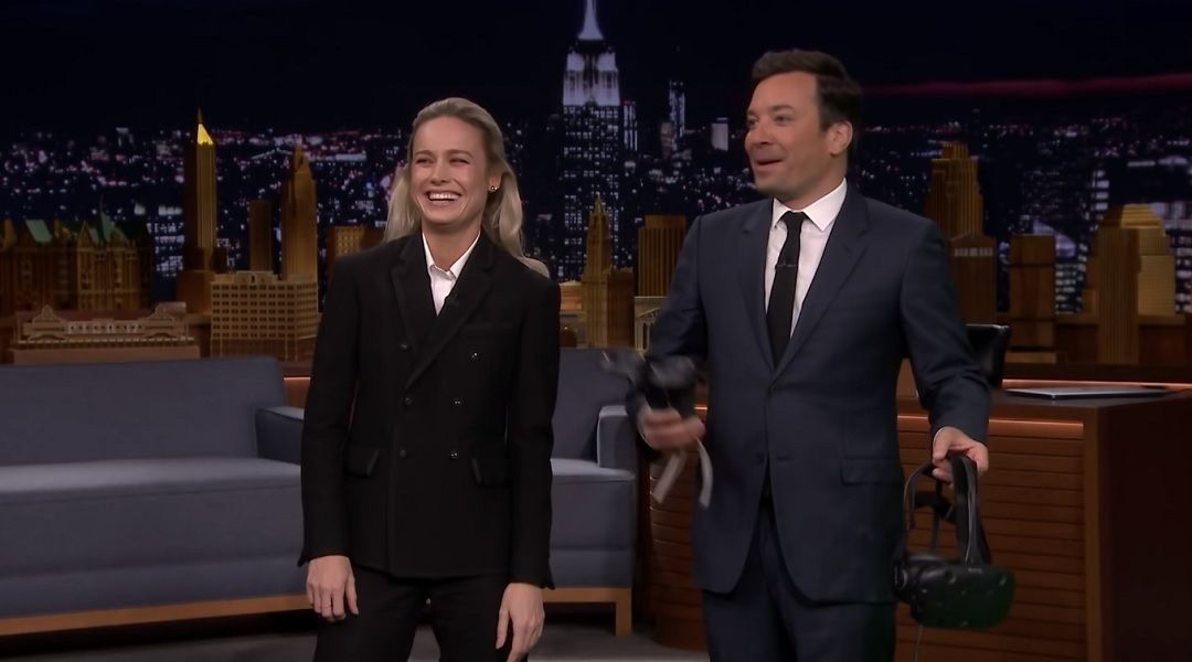 avengers: endgame star brie larson plays beat saber with jimmy fallon
