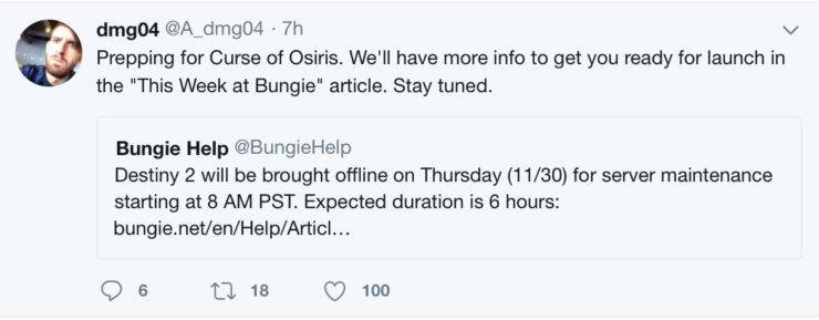 destiny 2 maintenance planned tweet