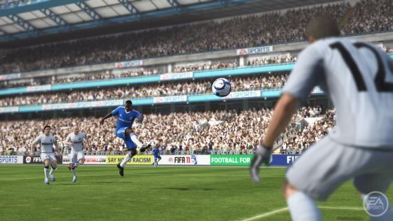 FIFA 11 Didier Drogba driving a shot in for Chelsea.