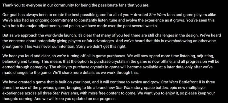 EA Removes Star Wars Battlefront 2 In-Game Purchases