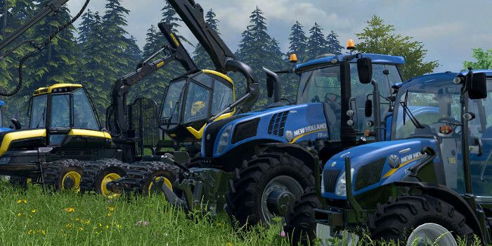 Some of the many vehicles in Farming Simulator
