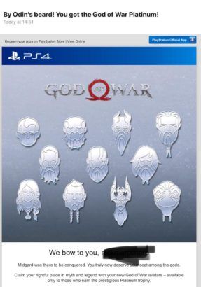 God of War Platinum Trophy Avatars Sent to PS4 Users