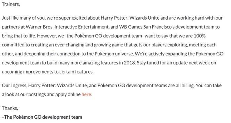 pokemon go harry potter statement