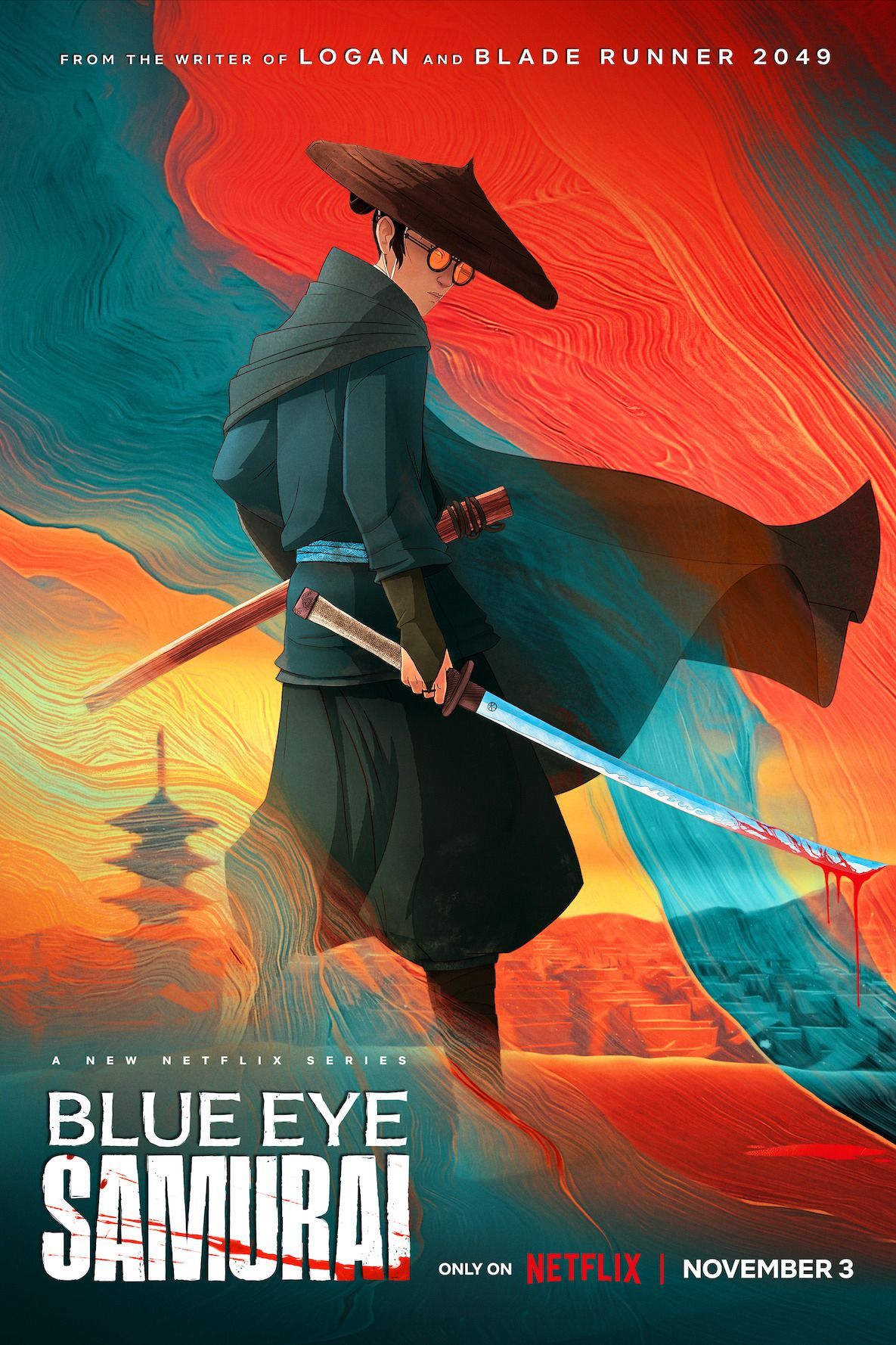 Blue Eye Samurai TV Series Poster Mizu con su espada