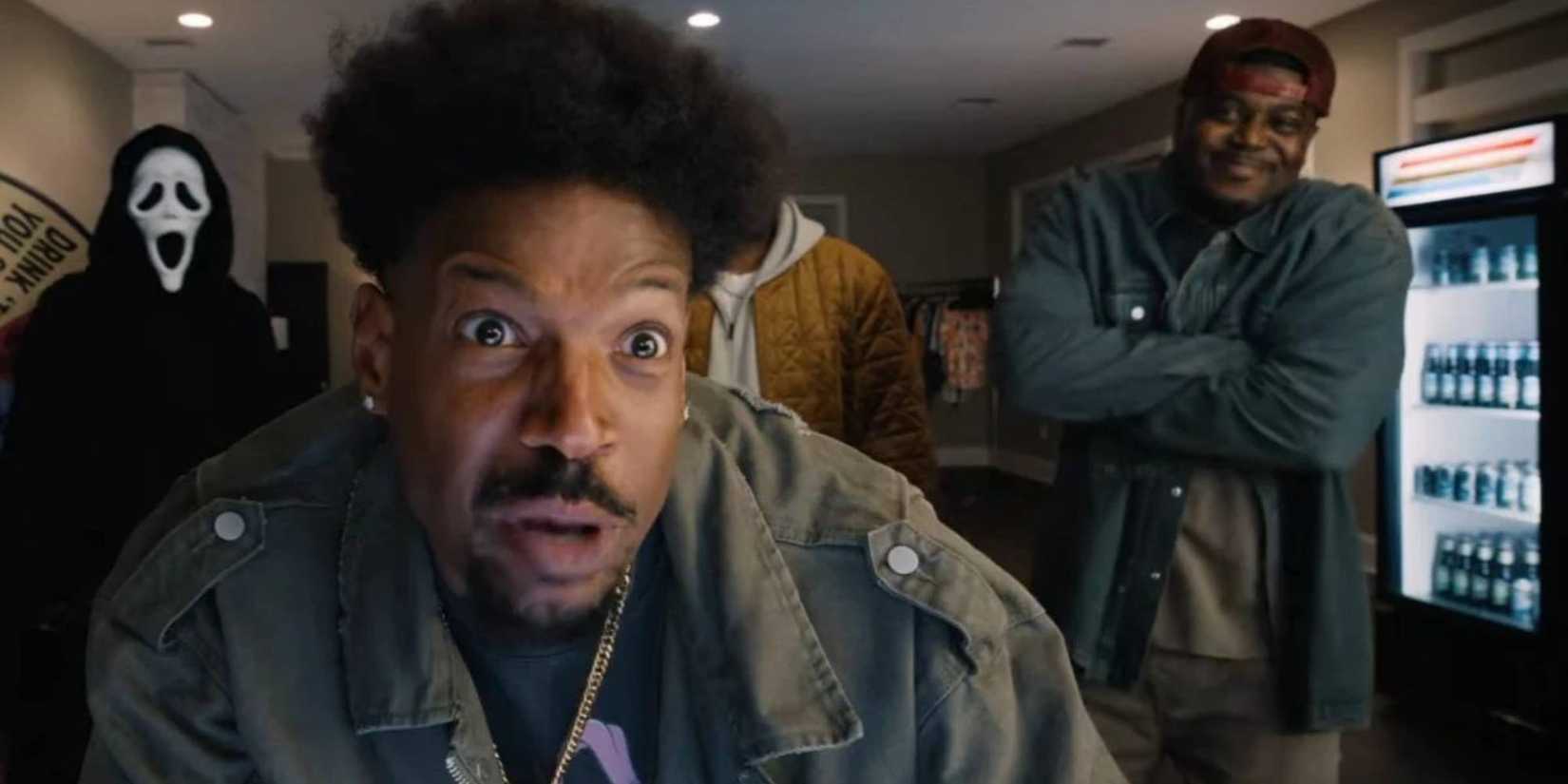 A still from Scary Movie 6 with Ghostface in the background