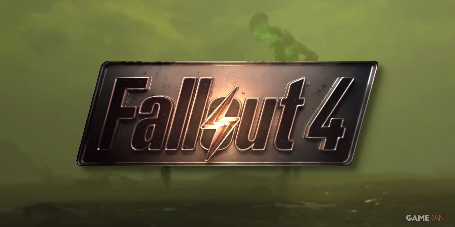 The Fallout 4 logo with a very irradiated scene in the background, including a giant Ghoul.