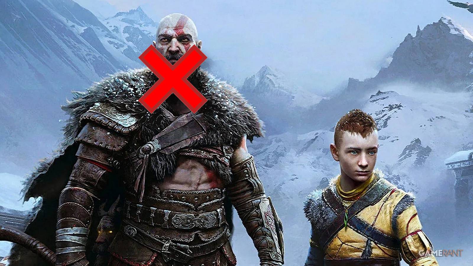 Image from God of War Ragnarok showing Kratos and Atreus, with Kratos' beard being covered by a red X.