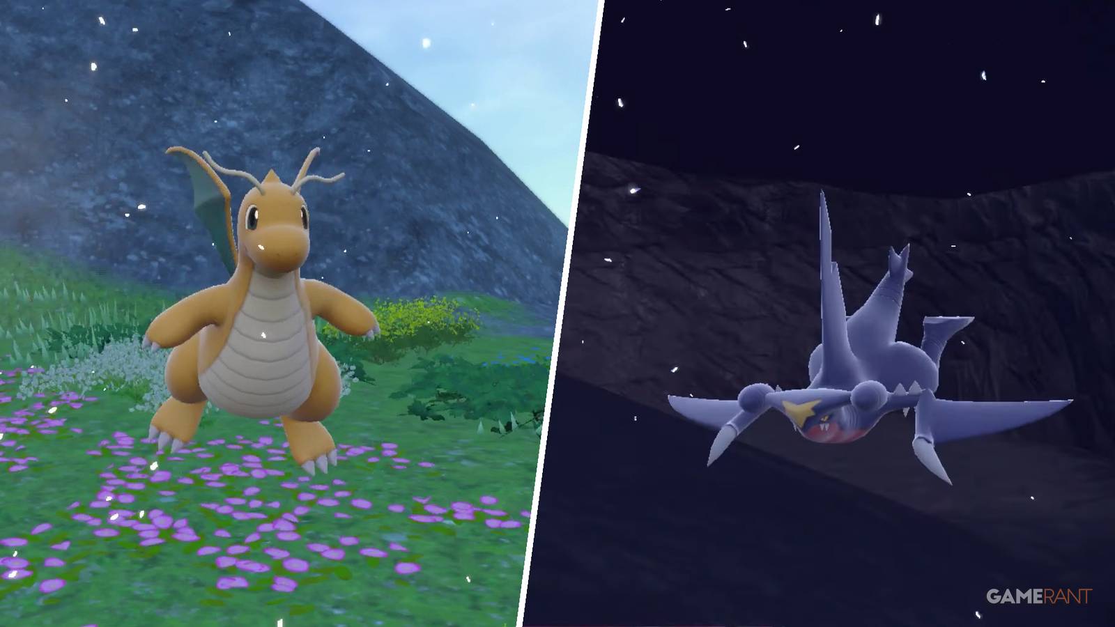 Dragonite and Garchomp hovering in a flowery field and dark landscape respectively