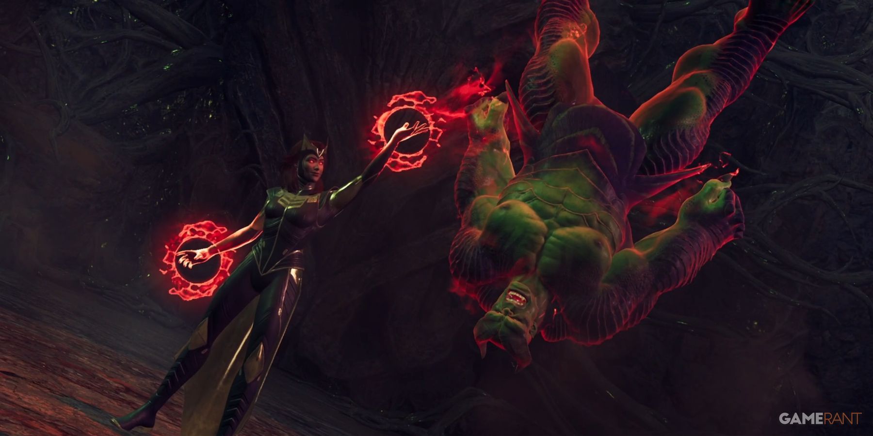 Marvel's Midnight Suns Scarlet Witch Holds The Hulk Upside Down