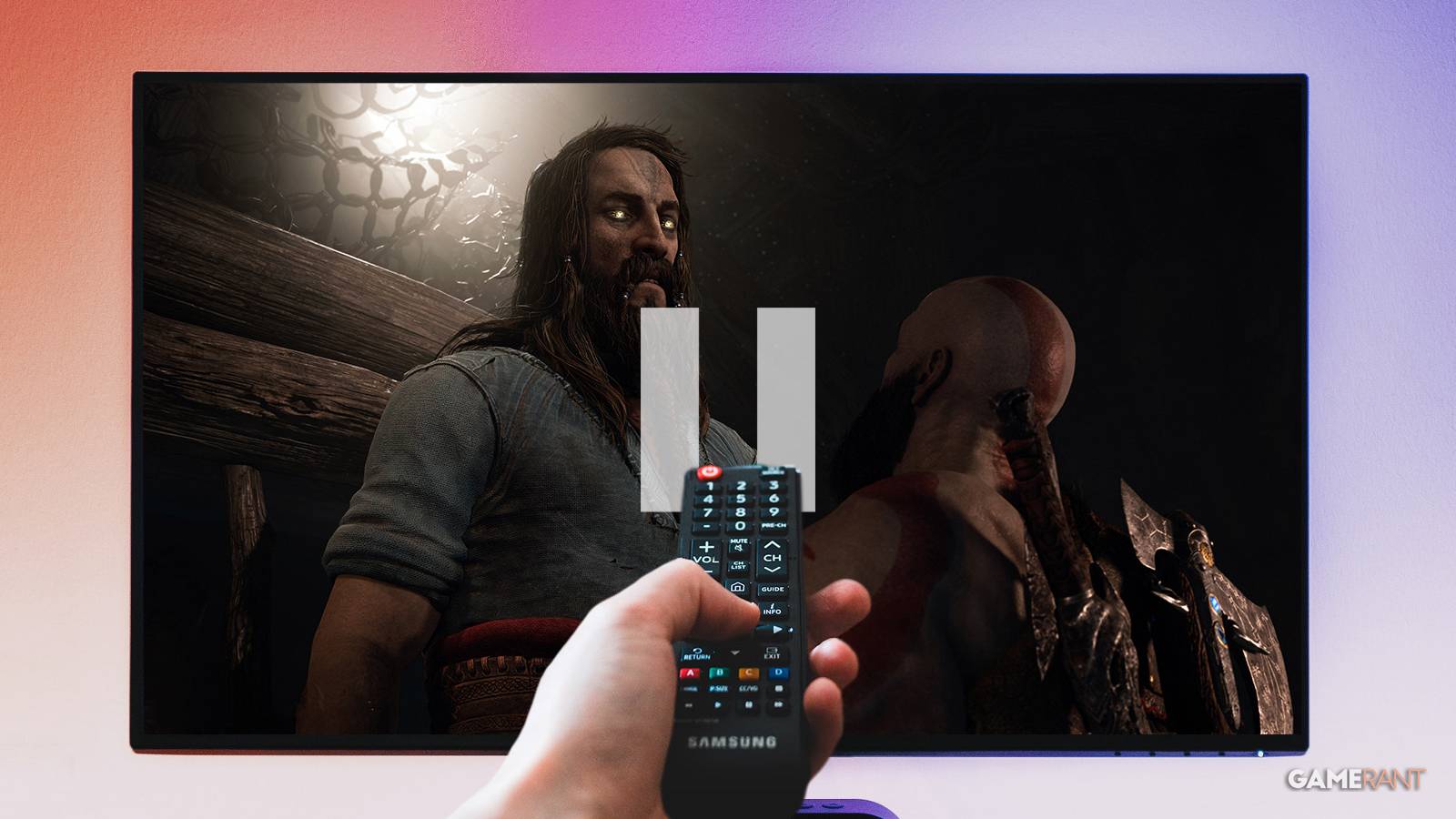 god of war ragnarok on TV with hand holding remote control to pause