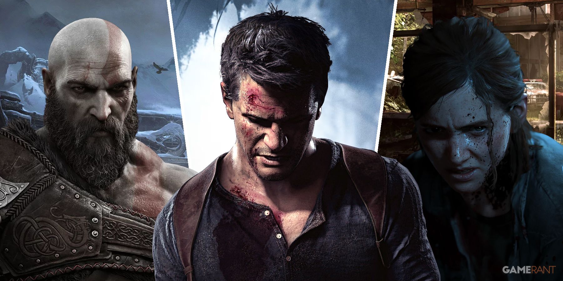 Kratos (God of War), Nathan Drake (Uncharted), and Ellie (The Last of Us)