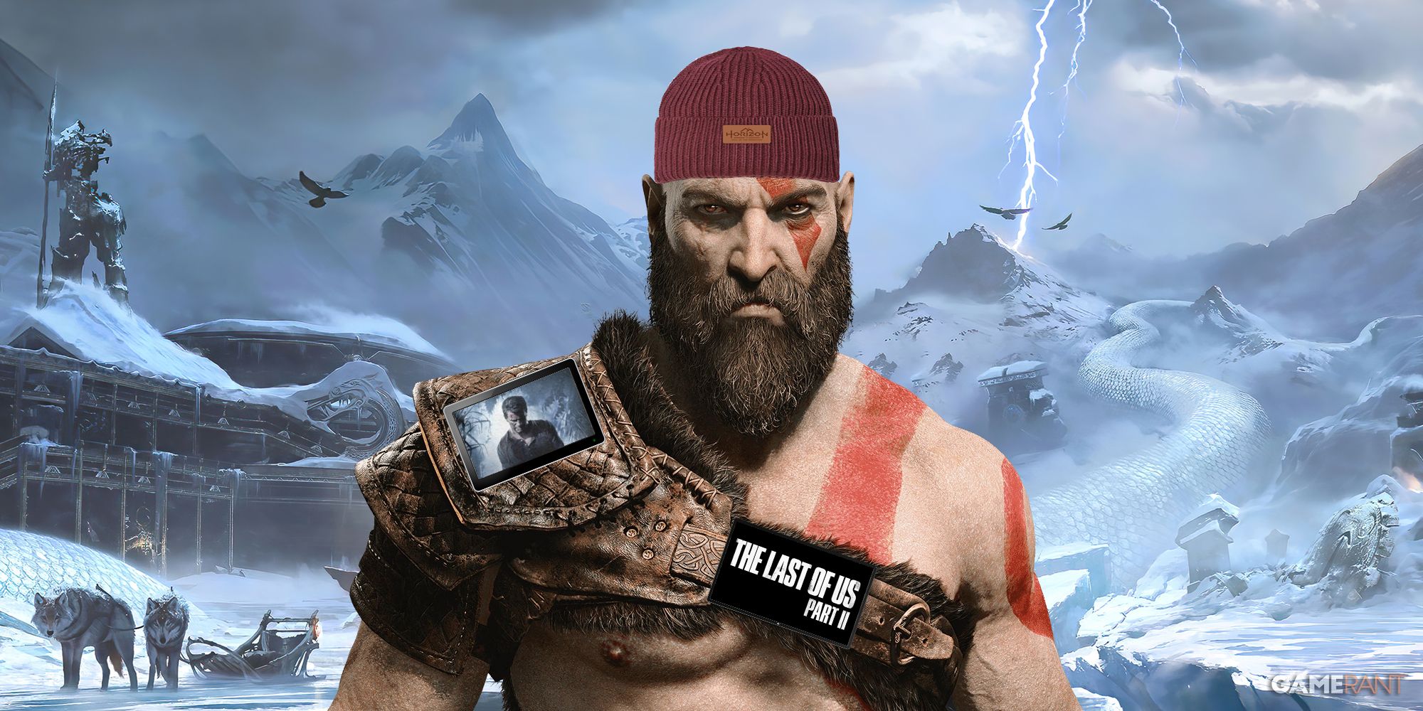 Kratos from God of War Ragnarok wearing PlayStation-branded clothing