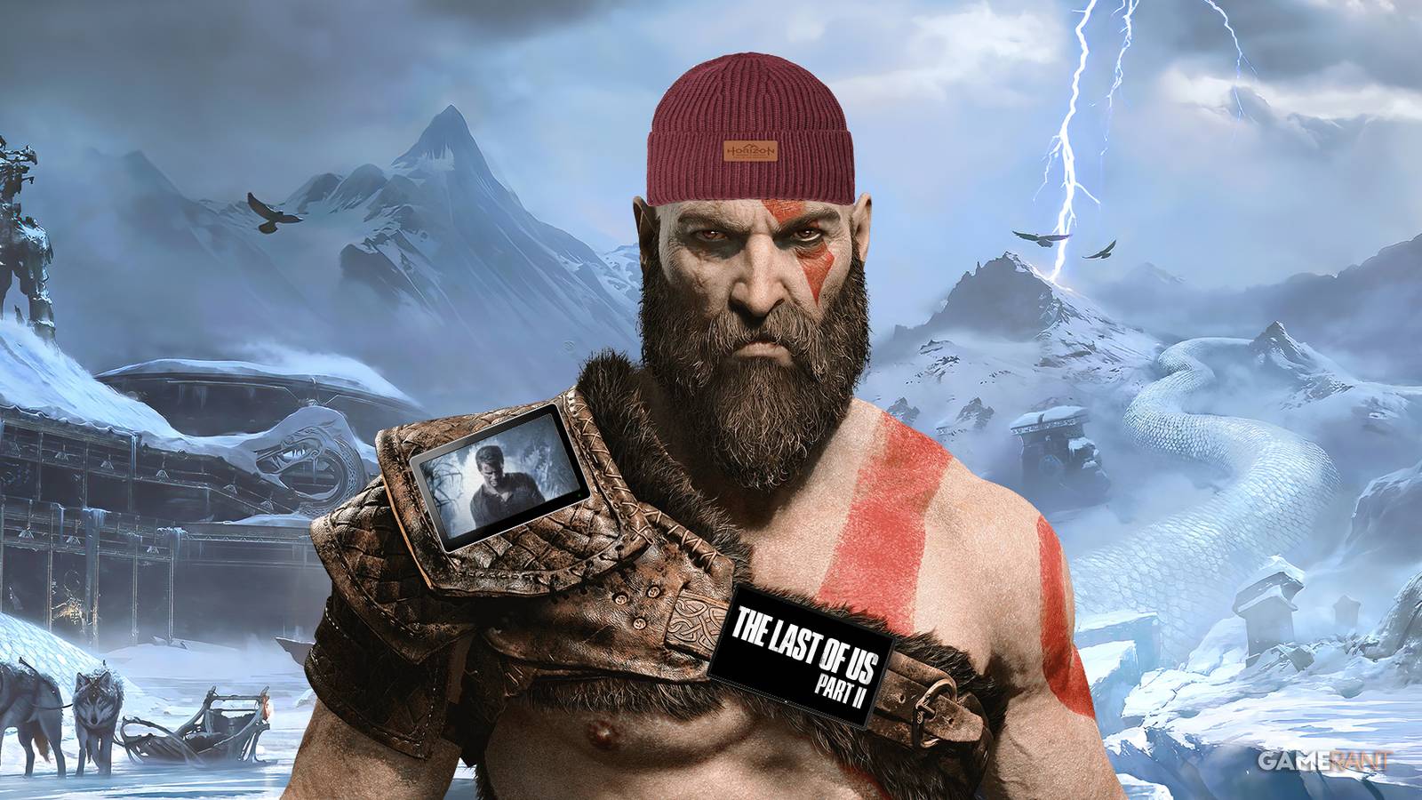 Kratos from God of War Ragnarok wearing PlayStation-branded clothing