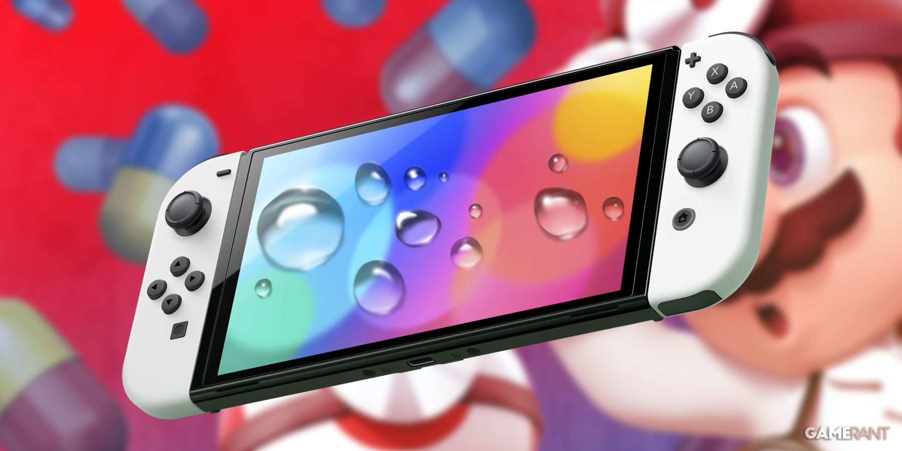 A Nintendo Switch with water droplets edited onto the screen
