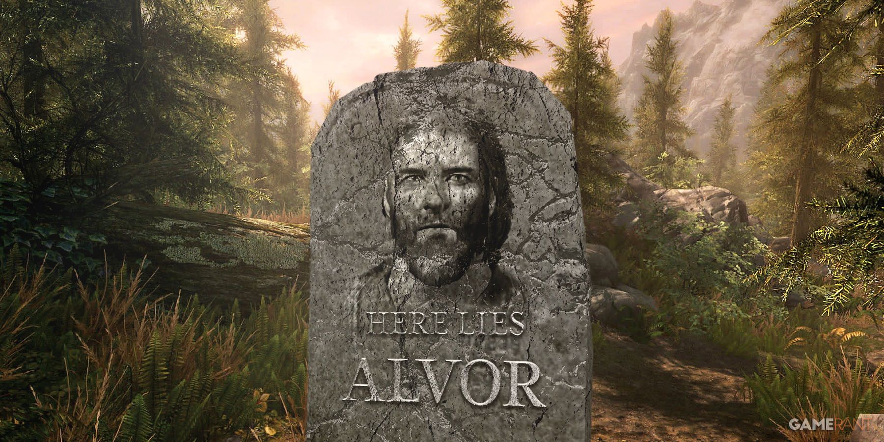 Image from Skyrim showing Alvor's face carved into a gravestone.
