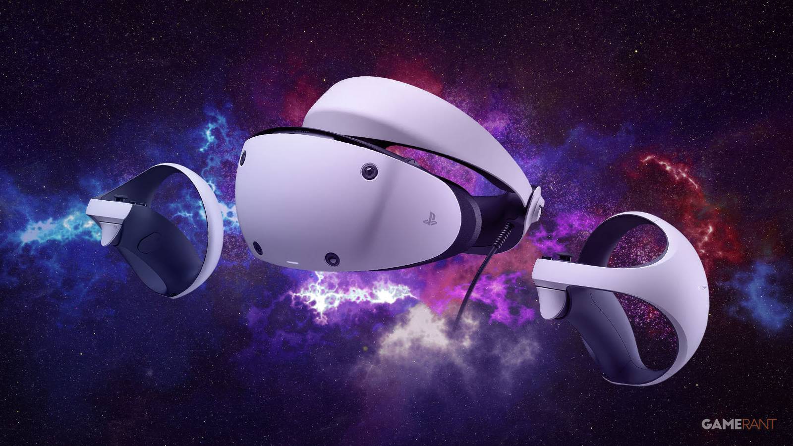 psvr2 next to controllers space purple background galaxy