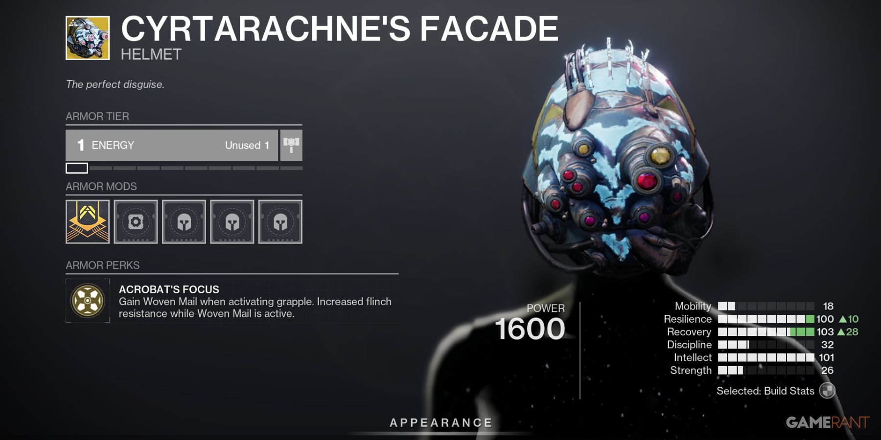 Destiny 2 Crystarachnes Facade Hunter Exotic Helmet