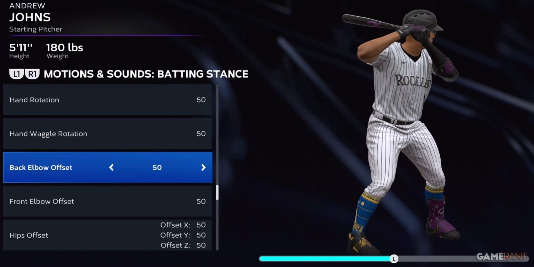 MLB The Show 23 Adjust Back Elbow Offset Batting Stance