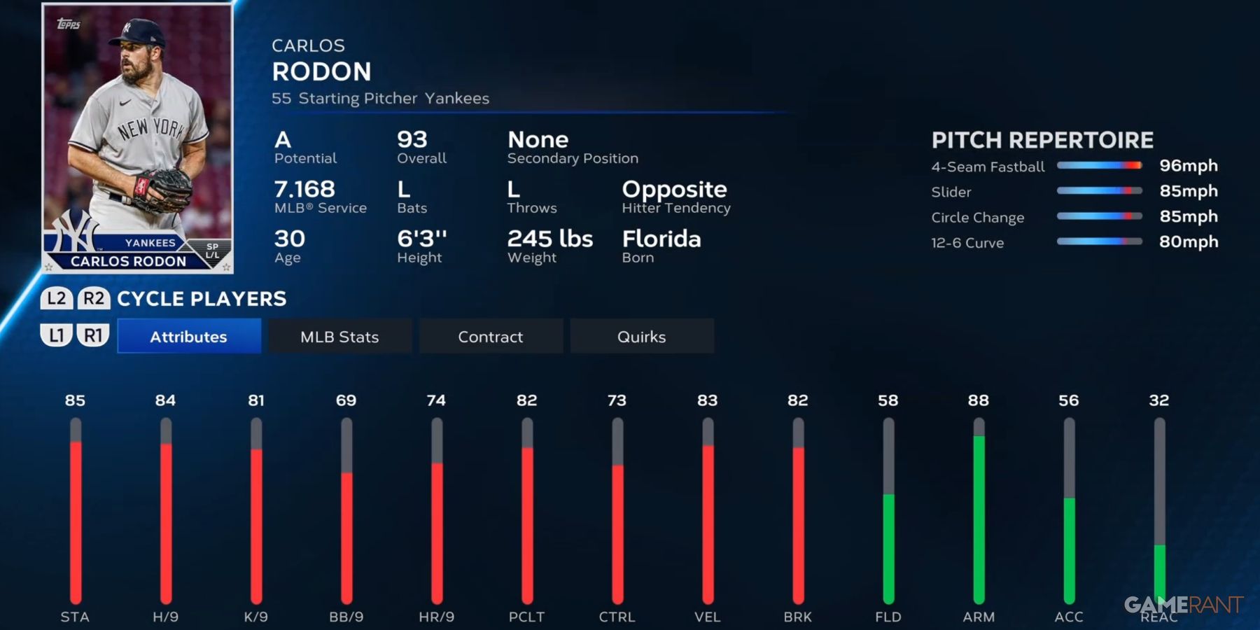 MLB The Show 23 Carlos Rodon Preseason Player Card