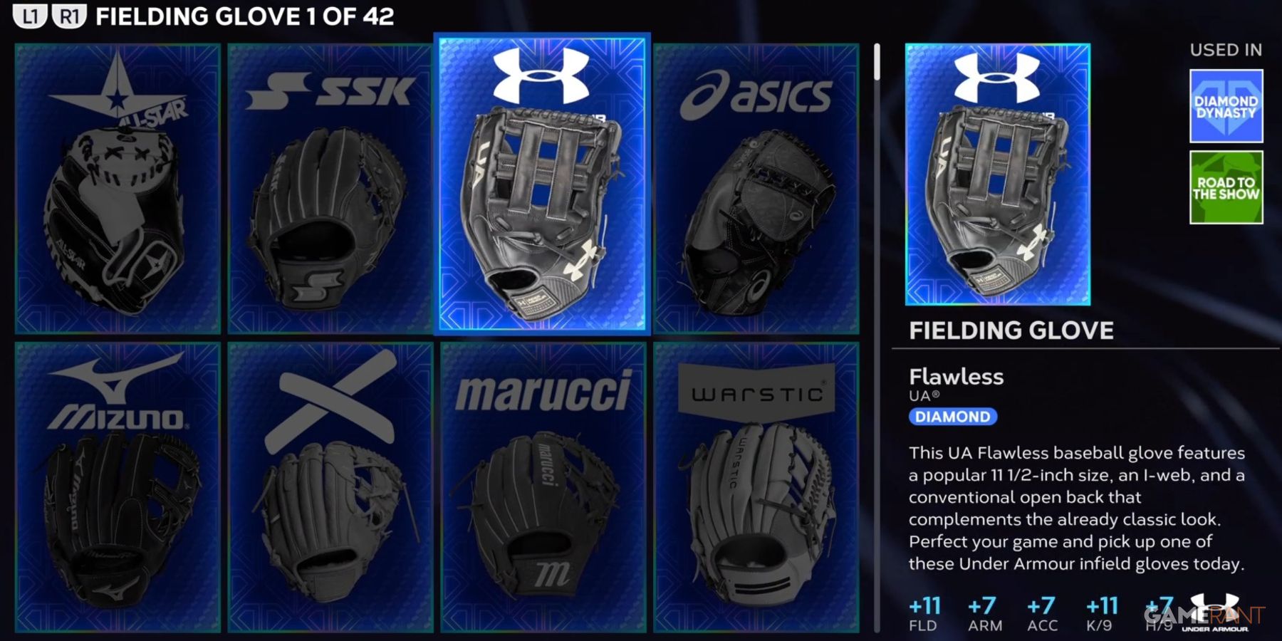 MLB The Show 23 Fielding Gloves Inventory Selection