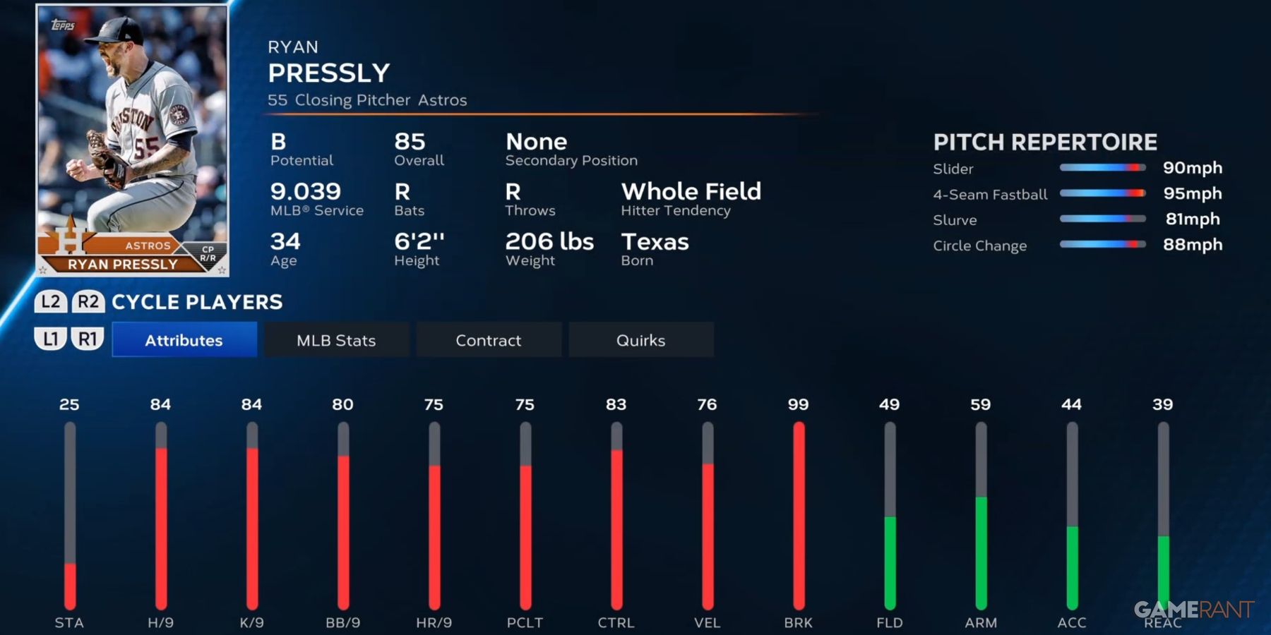 MLB The Show 23 Ryan Pressly Preseason Player Card