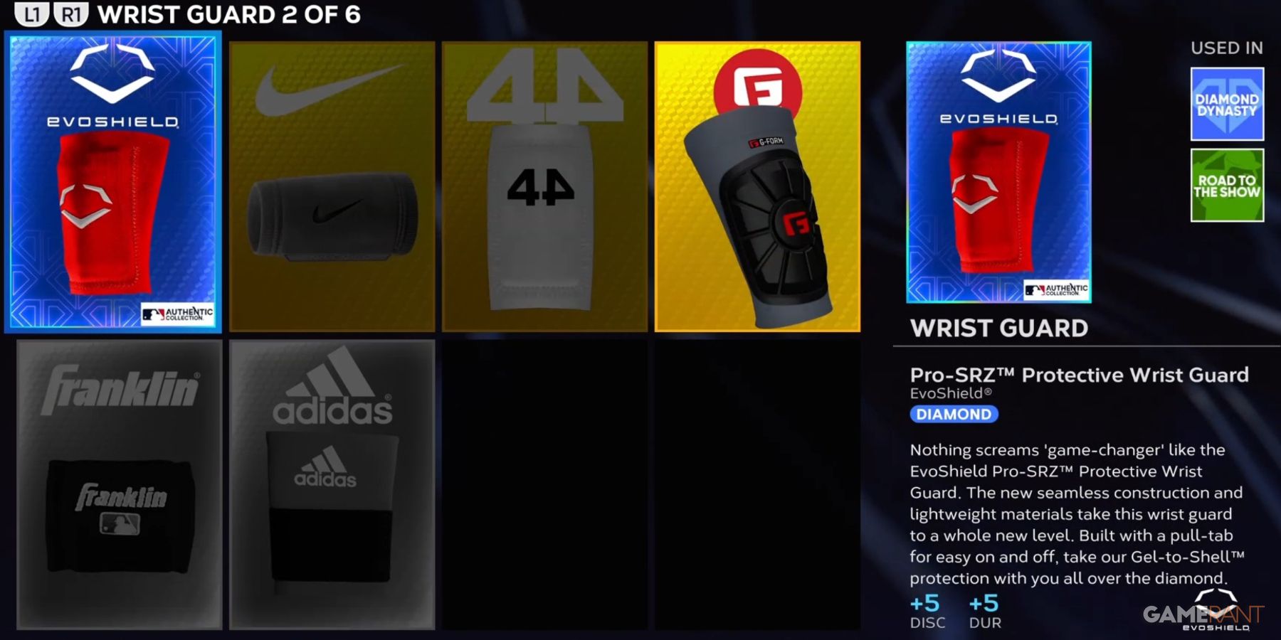 MLB The Show 23 Wrist Guards Inventory Selection
