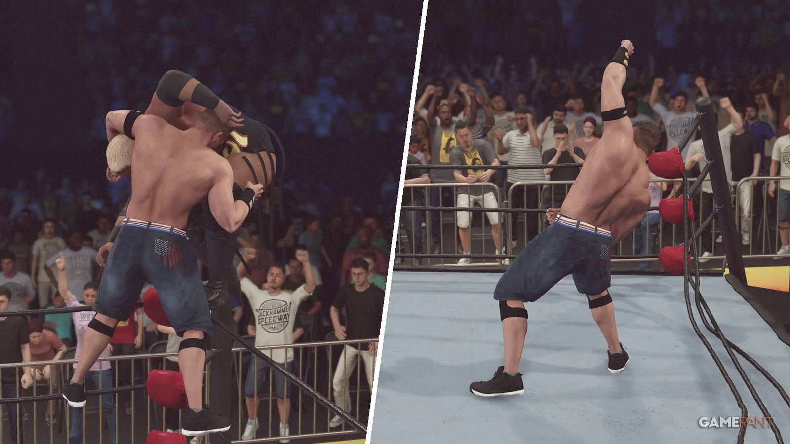 John Cena Superplexes Rikishi through the ring in WWE 2K23
